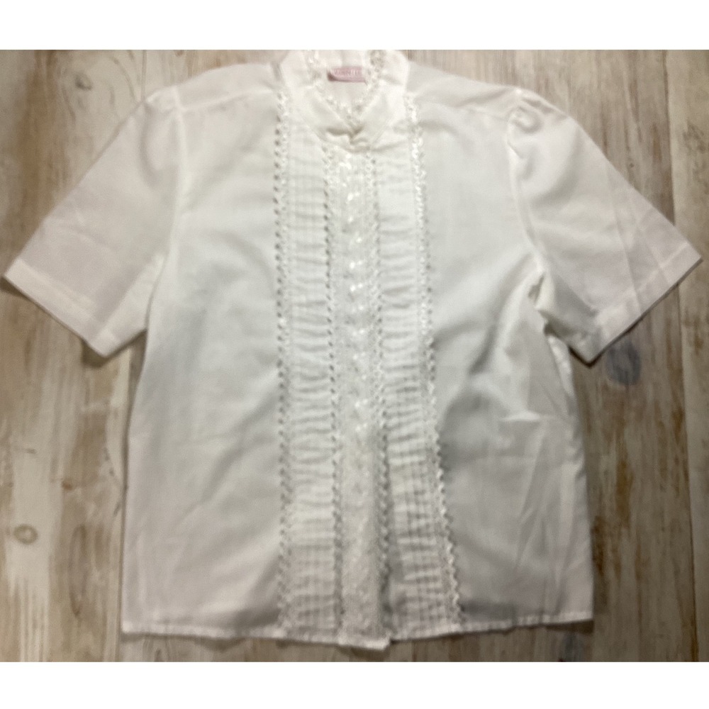 Lauren Lee White Short Sleeve Lace Trim Pintuck Pleated Blouse Mandarin Collar